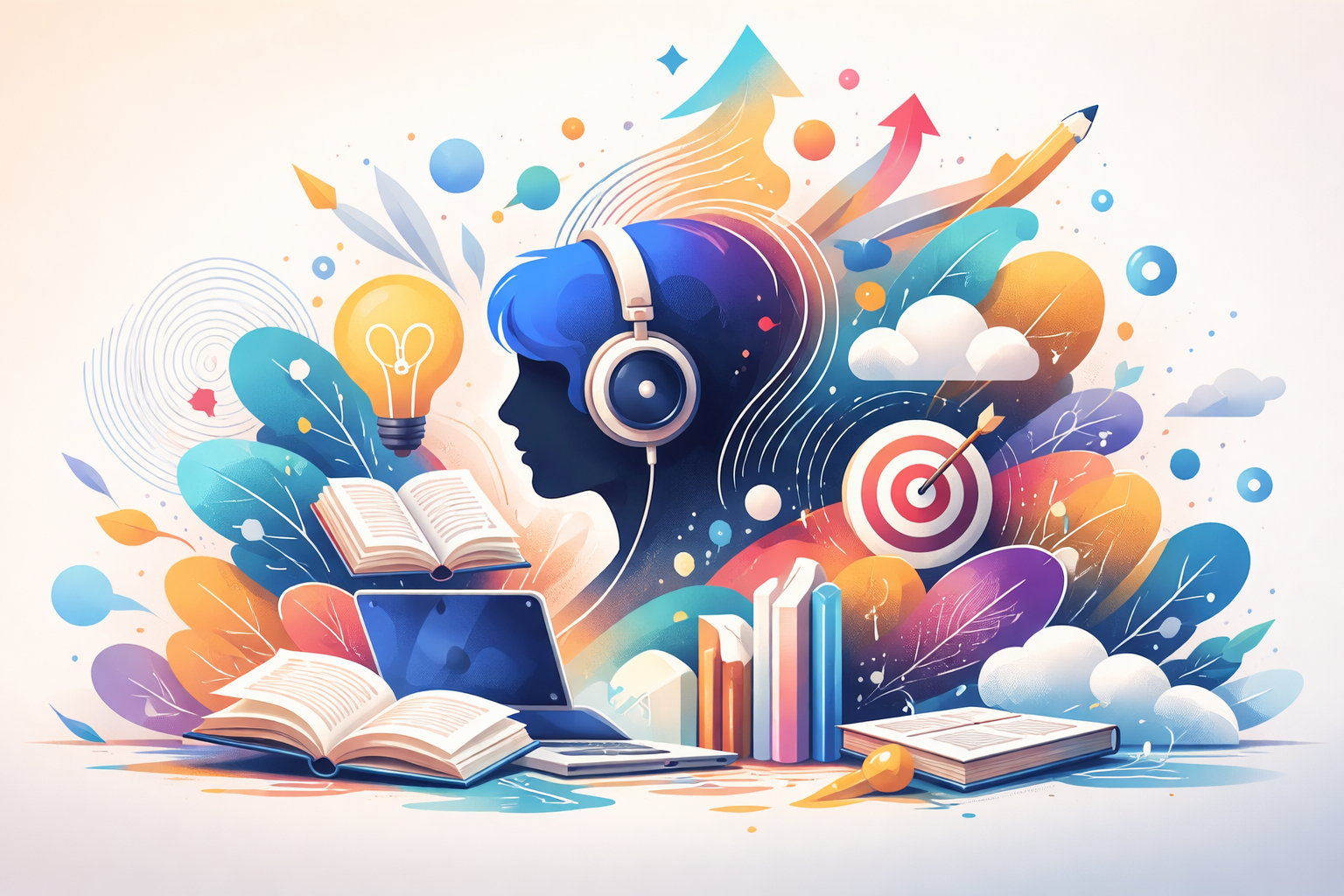 Illustration representing learning and personal growth, featuring a student with headphones surrounded by books, ideas, and symbols of creativity and achievement.
